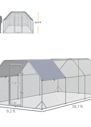Large Chicken Coop Metal Chicken Run with Waterproof and Anti-UV Cover, Flat Shaped Walk in Fence Cage Hen House for Outdoor and Yard Farm Use, 1" Tube Diameter, 9.2' x 18.7' x 6.4'
