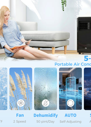 10,000 BTU Moible Air Conditioner 440 Sq. Ft., Dehumidifier Fan Auto Sleep with 24H Timer On/Off, Window Kit, Black