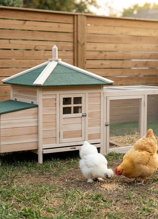 77" Wooden Chicken Coop with Nesting Box, Cute Outdoor Hen House with Removable Tray, Ramp Run, for Garden Backyard, Natural