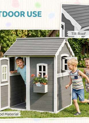 Outdoor Wooden Playhouse for Kids with Floor, Door, Windows, Planter Box for 3-8 Years Old, Backyard, Lawn, Garden