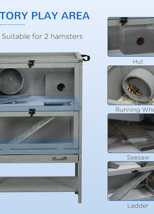 Wooden Hamster Cage with Storage Shelf, Large Rat Mouse Habitat Including Seesaw, Small Animal Cage with Sliding Tray, Wide Ramp for Racing, Running Wheel, 35.5" H