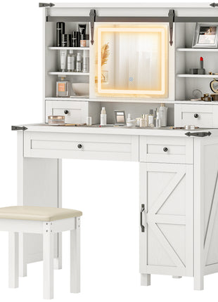 Vanity Desk Set with Mirror and Lights, Cushioned Stool, Storage Drawer, Cabinet, Shelves for Bedroom, White