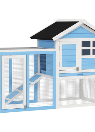 49" Wooden Rabbit Hutch Bunny Cage with Waterproof Asphalt Roof, Fun Outdoor Run, Removable Tray and Ramp, for Rabbits, Chickens, Ducks, Light Blue