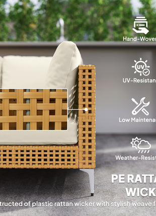 7 Piece Wicker Patio Furniture Set, Modular Outdoor Sectional with Thickened Cushions, Acacia Wood Table, Khaki/Beige