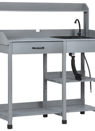 Potting Bench Table, Outdoor Garden Table Wooden Work Station with Removable Sink, Faucet, Drawer, Shelves, Hooks, Gray