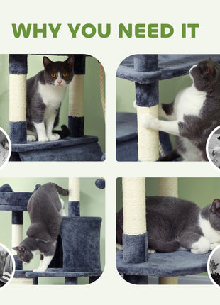 81" Cat Tree w/ Cat Scratching Posts, Scratching Board, Condos, Beds, Hammocks, Toy Balls, Rope Cat Toy, Gray