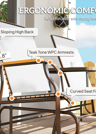 Outdoor 2-Person Glider Bench, Outside Glider Swing Chair Loveseat with Table, Steel Frame, Cream White
