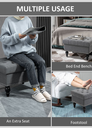 Ottoman with Storage for Living Room, 25" Storage Ottoman with Removable Lid, Button-Tufted Fabric Bench for Footrest and Seat with Wood Legs, Gray