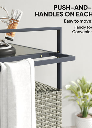 2-Tier Shelf PE Rattan Outdoor Bar Table, Glass Top Outdoor Serving Cart with Cabinet, Mixed Gray