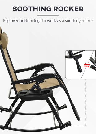 2 Outdoor Rocking Chairs Foldable Reclining Zero Gravity Lounge Rockers w/ Pillow Cup & Phone Holder, Beige