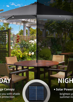 9' x 7' Solar Umbrella, LED Lighted Patio Umbrella for Table or Base with Tilt & Crank, Outdoor Umbrella for Garden, Deck, Backyard, Pool, Beach, Dark Gray
