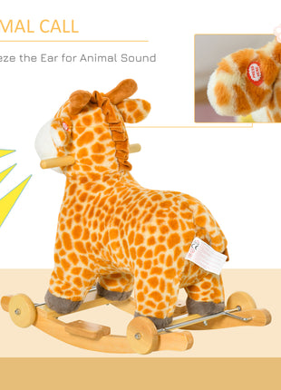 Rocking Horse, 2 in 1 Kids Ride on Horse, Rolling Giraffe Animal Rocker with Sound, Wooden Base, Pedal, Grip Handle, Plush Riding Pony for 3-6 Years Old, Yellow