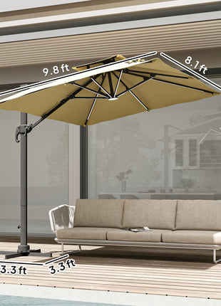 10ft. Solar LED Cantilever Umbrella, Offset Hanging Umbrella with 360°Rotation, Cross Base, 8 Ribs, Tilt and Crank for Yard, Khaki