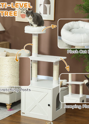 Cat Tree with Litter Box Enclosure, Scratching Posts, Bed, Climbing Platforms for Indoor Cats, White