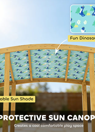 Wooden Sandbox with Dinosaur Print Canopy Kids Sandbox Outdoor with Bench Seats & 2 Storage Bins