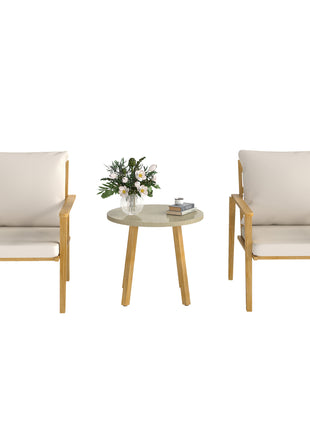 3 Piece Outdoor Bistro Set, Wood Effect Metal Patio Set with Wide and Deep Chairs, Round Table, Cushions, Cream White