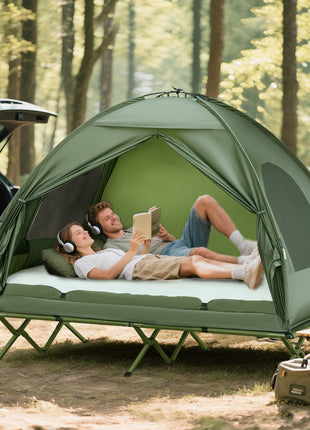 2-Person Tent Cot, 4-in-1 Elevated Camping Bed Combo with Air Mattress, Bed Cover, Foot Pump
