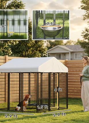 5.9' x 5.9' x 6' Outdoor Dog Kennel with Roof, Rotating & 4-Level Adjustable Bowls