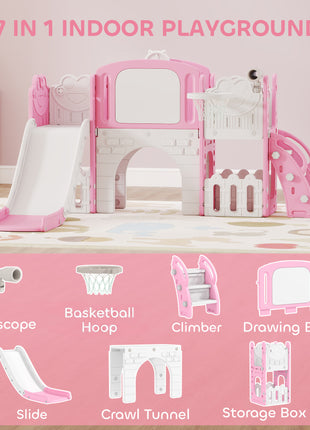 7 in 1 Kids Slide with Climber, Basketball Hoop, Telescope, Indoor Outdoor Playground, for Boys Girls Ages 1-3, Pink