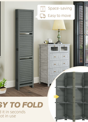 5 Panel 67" Tall Wood Privacy Screen Room Divider with 3 Shelves and Folding Storage for Bedroom, Gray