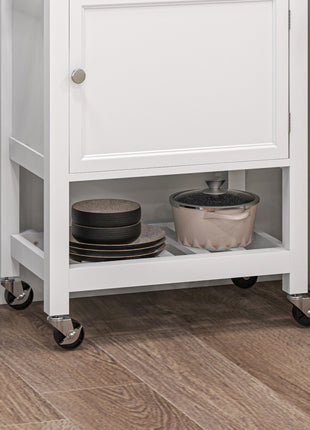 Kitchen Island on Wheels, Rolling Kitchen Cart with Rubberwood Top, Drawer, Wine Rack and Cabinet, White