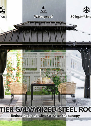 10' x 14' Hardtop Gazebo with Double Galvanized Steel Roof Canopy, Aluminum Frame Permanent Gazebo, Brown