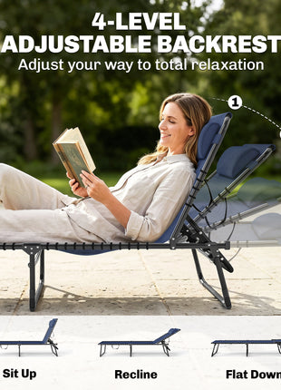 Folding Chaise Lounge Pool Chair with 4-Position Reclining Back, Pillow, Breathable Mesh & Bungee Seat, Dark Blue
