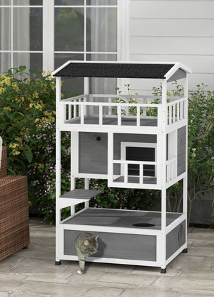Wooden Outdoor Cat House with Asphalt Roof, Escape Doors, Condo, Jumping Platform, Light Gray
