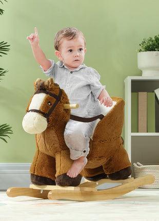 Baby Rocking Horse, Kids Ride-on with Sound, Wooden Base & Safety Belt for Ages 18-36 Months, Brown