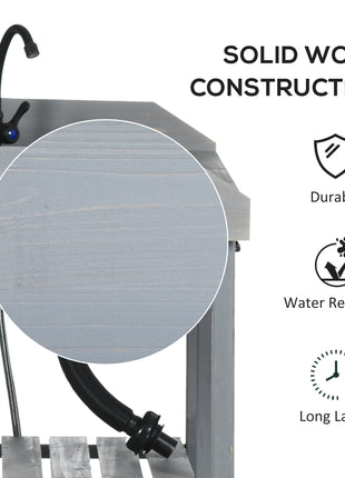 Potting Bench Table, Outdoor Garden Table Wooden Work Station with Removable Sink, Faucet, Drawer, Shelves, Hooks, Gray