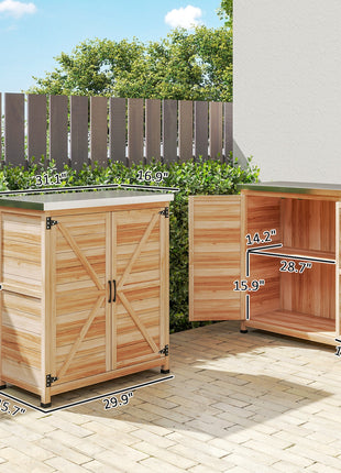 Wooden Storage Cabinet, Outdoor Prep Table w/ Metal Tabletop, Shelves and Double Doors for Patio, Garden, Natural Wood