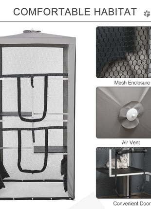79"H Cat House Kitten Enclosure Mesh Playpen Steel Frame with 3 Platforms, 2 Doors and 4 Sandbags for Stability, Indoor/Outdoor