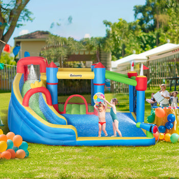 6-in-1 Inflatable Water Slide with Splash Pool, Slide, Climbing Wall, Water Cannon, Inflatable Bounce House for Kids with 2 Min. Inflation