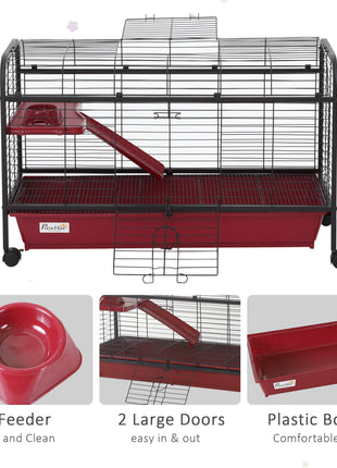 41"L Small Animal Cage, Pet Play House for Rabbit Hutch Ferret with Feeder, Rolling Wheels, Platform, Ramp