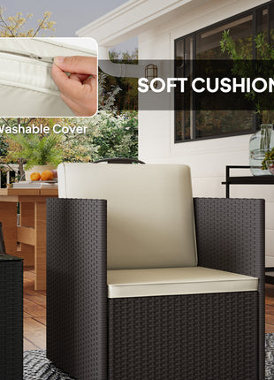 Folding Wicker Bistro Set, 3 Piece Patio Furniture Set with Cushions and Glass Coffee Table for Porch, Balcony, Brown