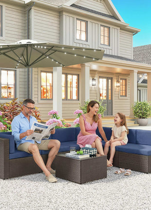7 Piece Patio Furniture Set, All Weather PE Rattan Outdoor Furniture Conversation Sets with Glass Top Coffee Table
