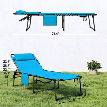2 Piece Folding Chaise Lounge Pool Chairs with 5-level Reclining Back, Reading Hole, Side Pocket, Blue
