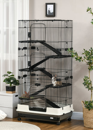 32"L 6-Level Small Animal Cage Rabbit Hutch with Universal Lockable Wheels, Slide-out Tray for Bunny, Chinchillas, Ferret, Black