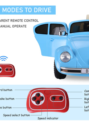Licensed Volkswagen Beetle Electric Kids Ride-On Car 6V Battery Powered Toy with Remote Control Music Horn Lights MP3 for 3-6 Years Old Blue