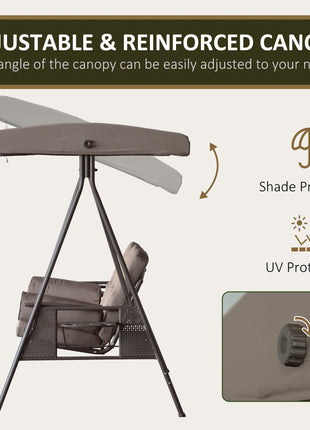 3-Seat Patio Swing Chair, Outdoor Porch Swing Glider with Adjustable Canopy, Removable Cushion, Pillows and Side Trays, for Garden, Poolside, Backyard, Brown