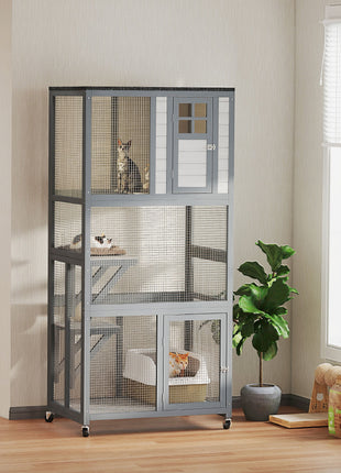 74" Wooden Outdoor Cat House Catio with High Weight Capacity, Cat Cage Condo, Dark Gray