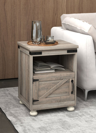 Side Table with Storage, End Table with Open Shelf, Cupboard and Wood Legs, Modern and Farmhouse Style, Gray