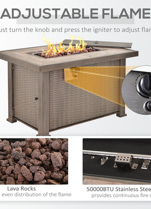 Propane Fire Pit Table, 30,000 BTU 42" Wicker-Effect Gas Fire Table, Auto-Ignition Rectangular Outdoor Firepit with Lid, Ceramic Tabletop, Lava Rocks and Rain Cover, CSA Certification, Gray