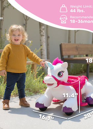 12V Unicorn Ride on Horse with Carrot Toy, Comb, Animal Sounds, for Girls Boys Aged 1.5-3 Years Old