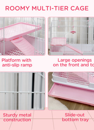 2-Level Small Animal Cage Rabbit Hutch with Wheels, Removable Tray, Platform and Ramp for Bunny, Chinchillas, Ferret, Pink
