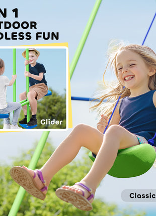Metal Swing Set with Glider, Two Swing Seats and Adjustable Height, Outdoor Heavy Duty A-Frame Suitable for Playground, Backyard, Green