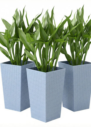 Tall Planters for Outdoor Plants Set of 3, 24 In Taper Planters with Drainage Holes, Rattan Decor Plant Pots, Light Gray