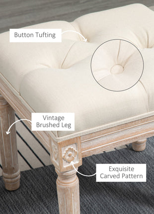 Ottoman Bench Vintage Footrest w/ Button Tufted Seat, Carved Wooden Legs, Beige
