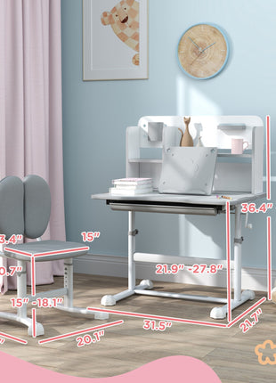Height Adjustable Kids Desk and Chair Set for Writing Drawing w/ Tilt Desktop, Storage Drawer and Reading Rack, Gray