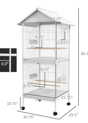 Wrought Metal Bird Cage Feeder with Rolling Stand Perches Food Containers Doors Wheels 67" H, White